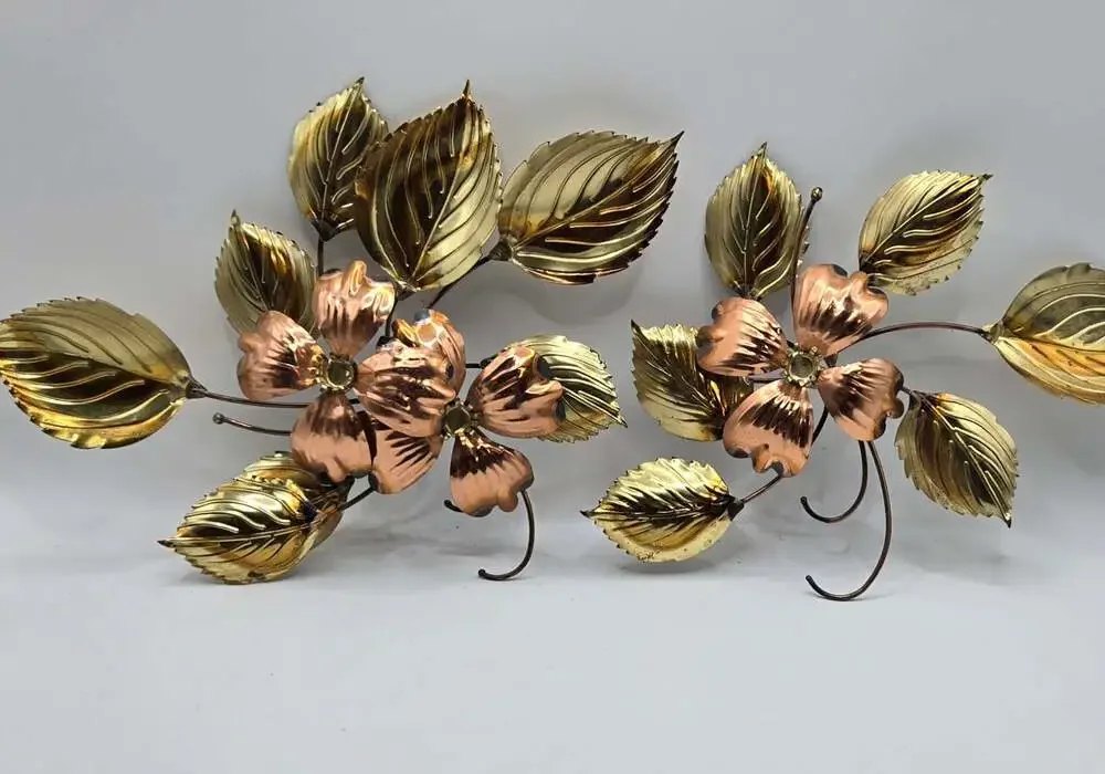 Vintage Mid-Century Modern Mixed Metal Brass and Copper Floral Wall Art Set